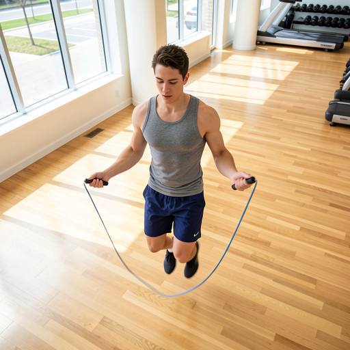 young man doing jump rope squats in gym